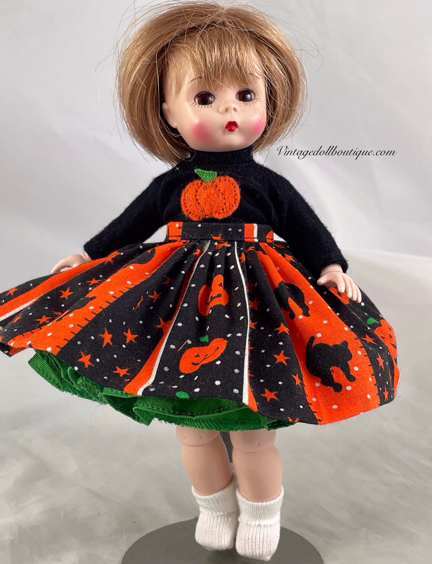 Pumpkin Halloween top, skirt, petticoat, panties, and socks for 8” Alexander-kin wendy
