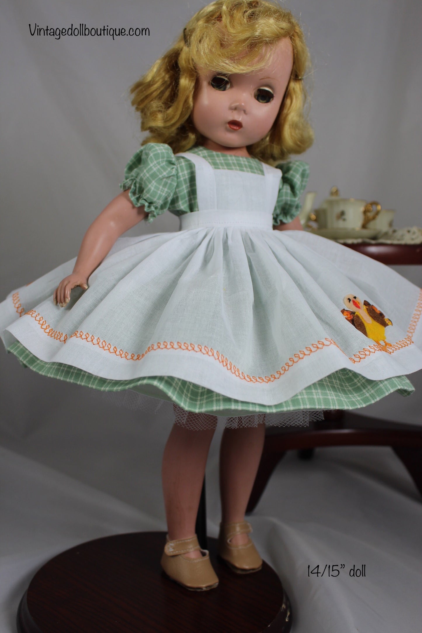 Turkey pinafore and plaid dress for 14” Madame Alexander doll