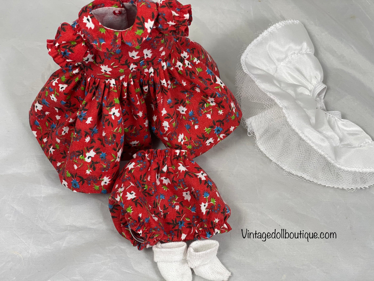 Red floral dress, panties, petticoat, and socks for 8” Alexander-kin