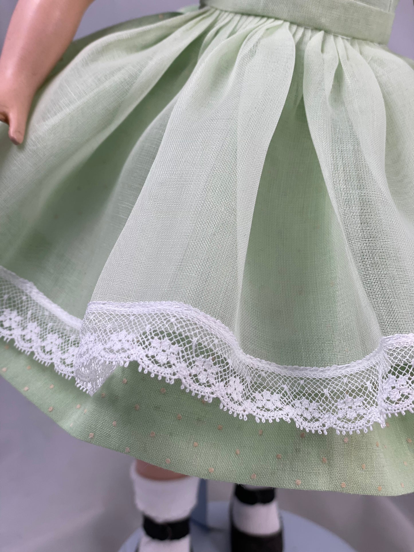 *** reserved for Ann***Organdy pinafore and dotted Swiss dress for 14” Madame Alexander doll