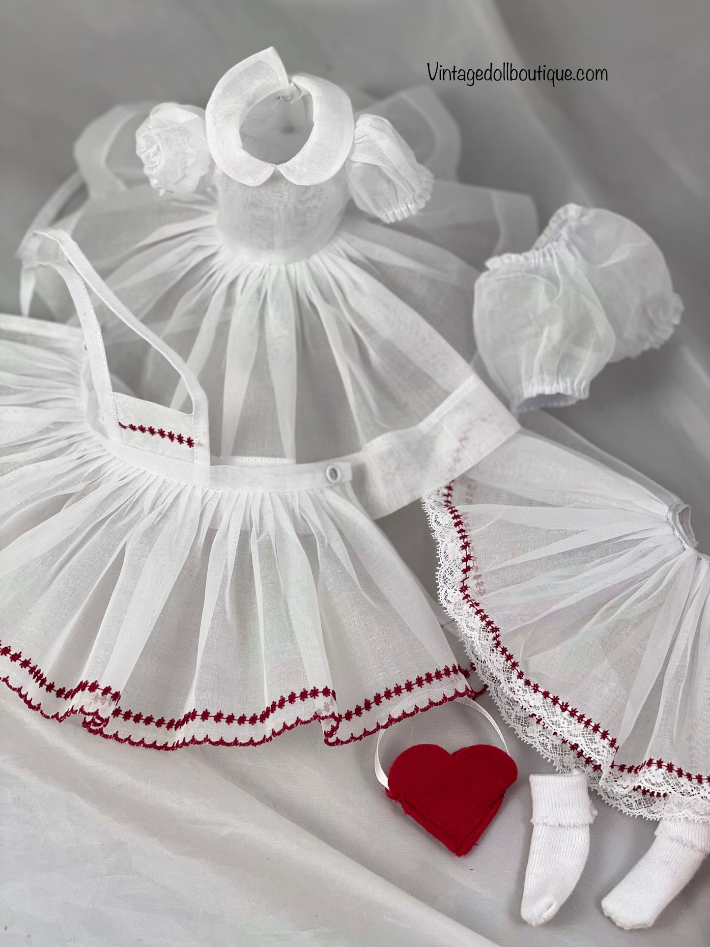 Organdy dress , pinafore, purse,petticoat, sock, and panties for 11” Lissy