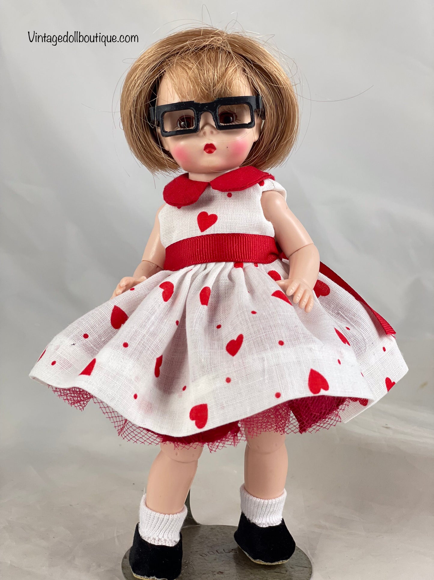 Dress, petticoat, panties, socks, shoes, and glasses for 8” Wendy