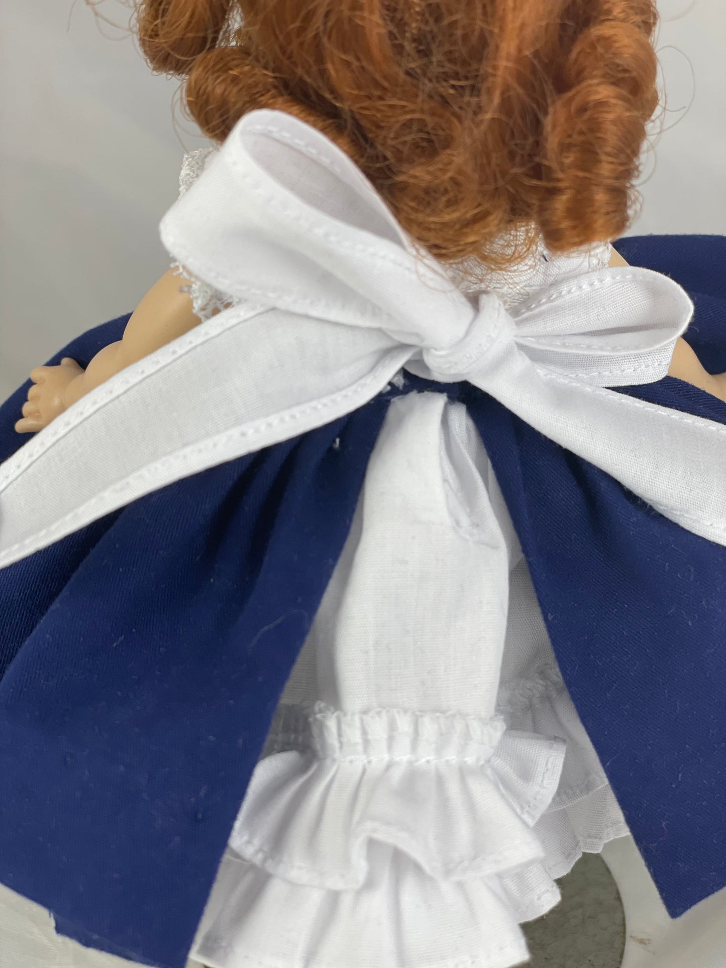 Navy and white ruffle dress, petticoat, bloomers and socks for 8” Madame Alexander doll