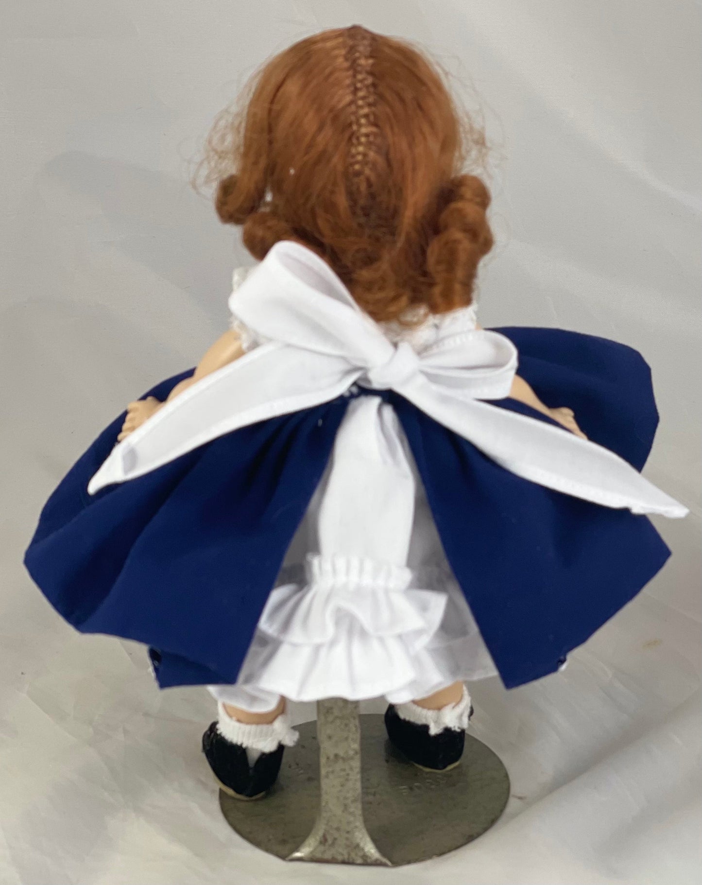 Navy and white ruffle dress, petticoat, bloomers and socks for 8” Madame Alexander doll