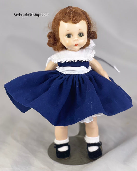 Navy and white ruffle dress, petticoat, bloomers and socks for 8” Madame Alexander doll