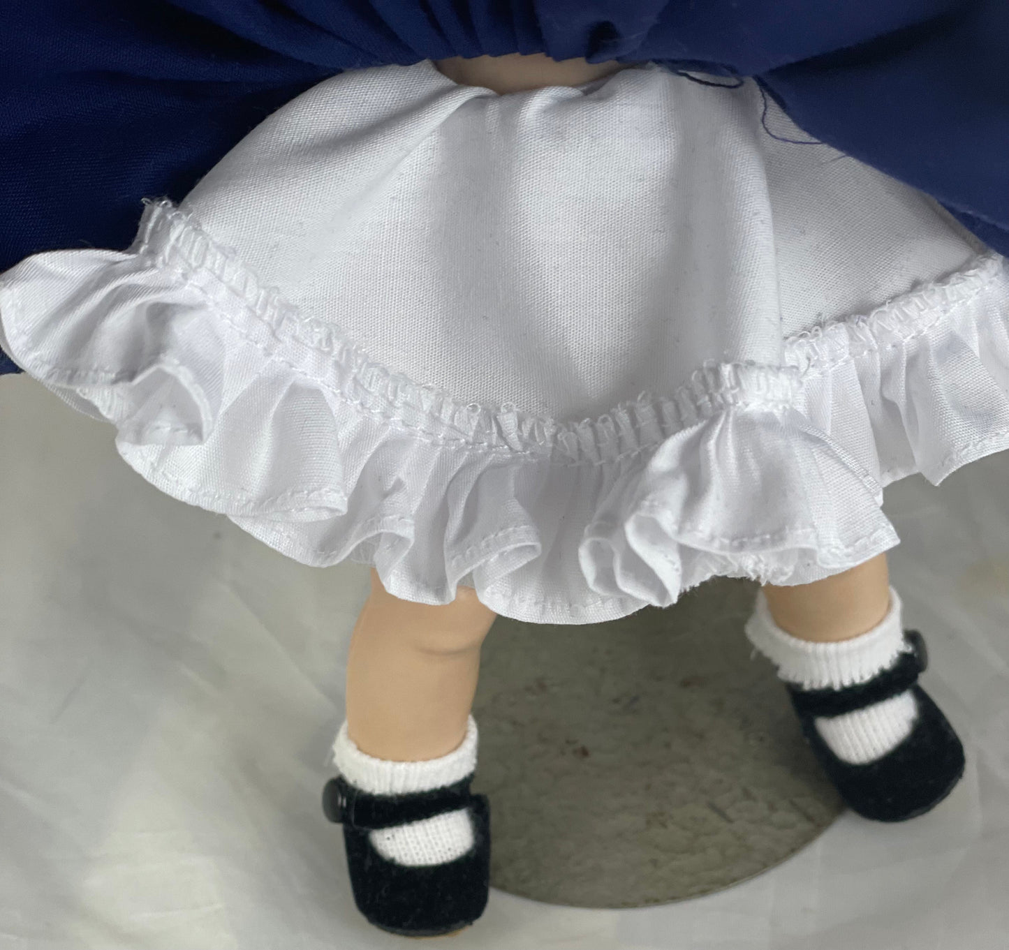 Navy and white ruffle dress, petticoat, bloomers and socks for 8” Madame Alexander doll