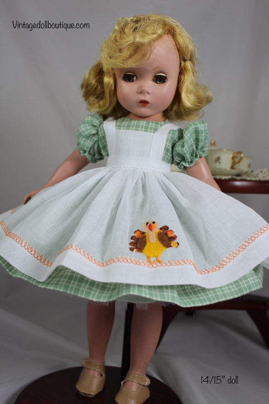 Turkey pinafore and plaid dress for 14” Madame Alexander doll