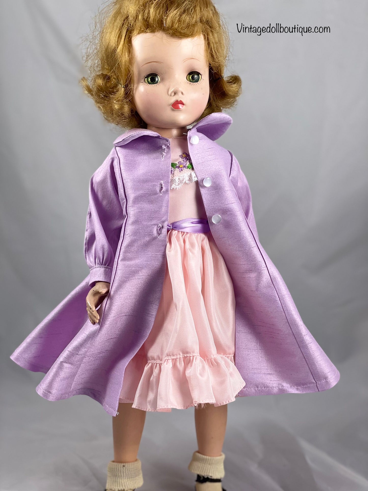 Embroidered dress and coat for 18” Madame Alexander Doll (sweet Violet) *