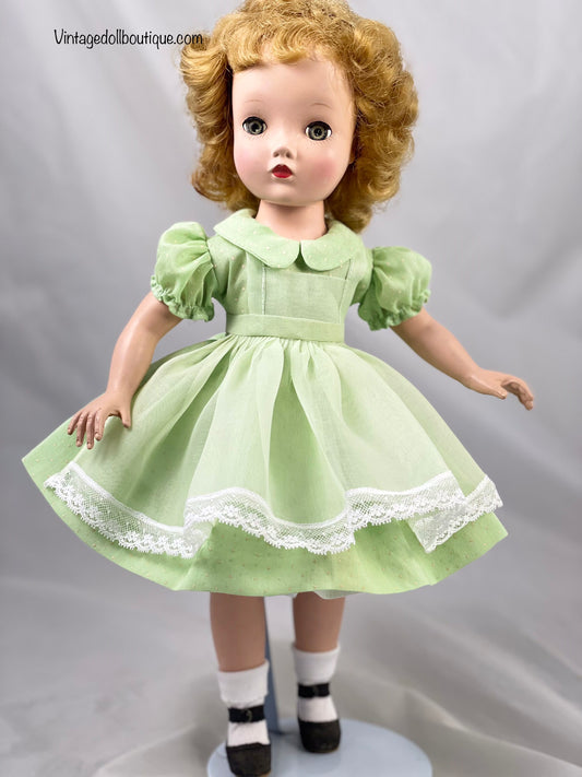*** reserved for Ann***Organdy pinafore and dotted Swiss dress for 14” Madame Alexander doll